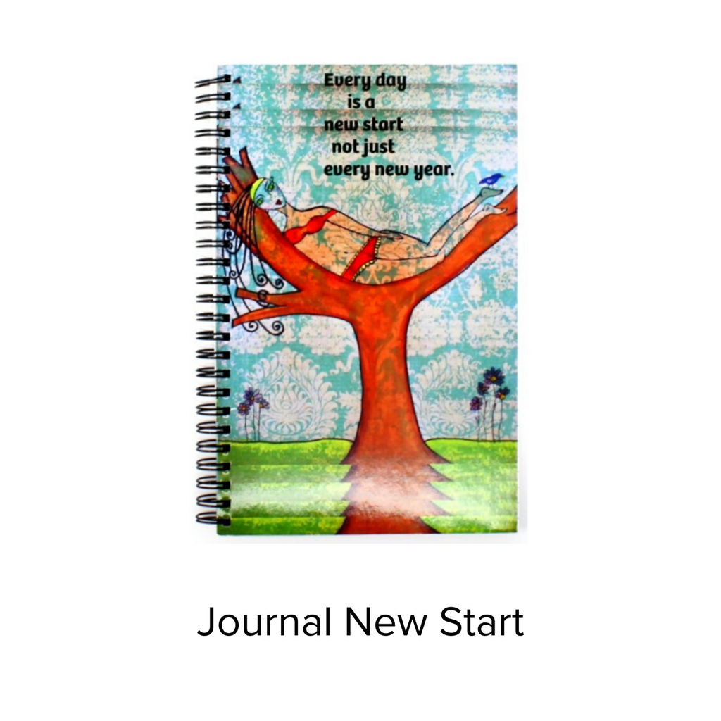 Women resting on tree branch. Cover Text: "Every day is a new start not just every new year." Spiral Bound  Journal. Original artwork. 9 X 6.