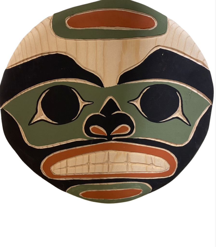 Hand carved and painted Northwest Totemic. Moon Design using sustainable and upcycled wood and nontoxic paints. Colors include Black, Red, Green, and Natural Wood