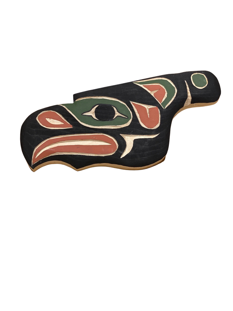 Hand carved and painted Northwest Totemic. Thunderbird Design using sustainable and upcycled wood and nontoxic paints. Colors include Black, Red, Green, and Natural Wood