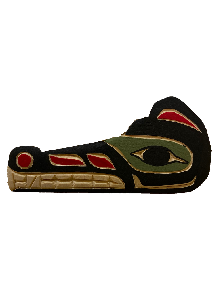 Hand carved and painted Northwest Totemic. Wolf Design using sustainable and upcycled wood and nontoxic paints. Colors include Black, Red, Green, and Natural Wood
