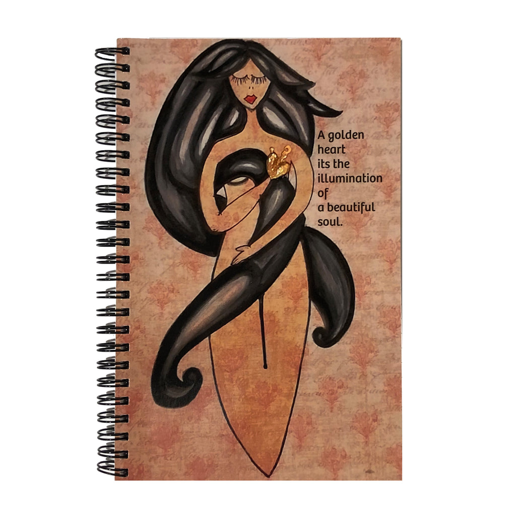 Woman wrapped in long hair. Cover Text: "A golden heart its the illumination of a beautiful soul." Spiral Bound  Journal. Original artwork. 9 X 6. 
