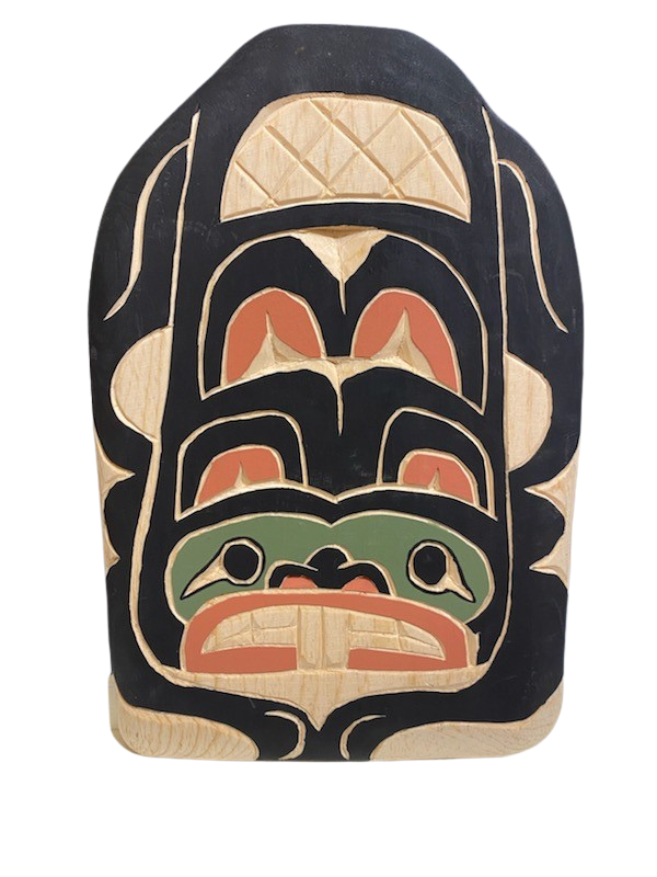 Hand carved and painted Northwest Totemic. Beaver Design using sustainable and upcycled wood and nontoxic paints. Colors include Black, Red, Green, and Natural Wood