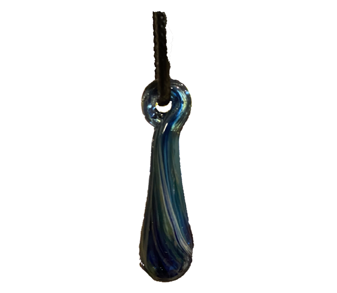 Blue handblown glass raindrop. 1 1/2 inch size on a black waxed cord. 